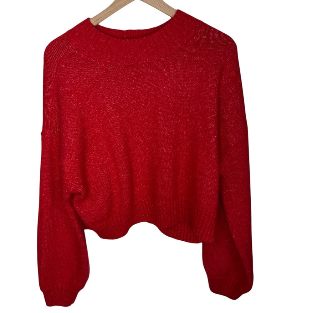American Eagle Cropped Sweater Size L Red Balloon Sleeve Cozy Knit